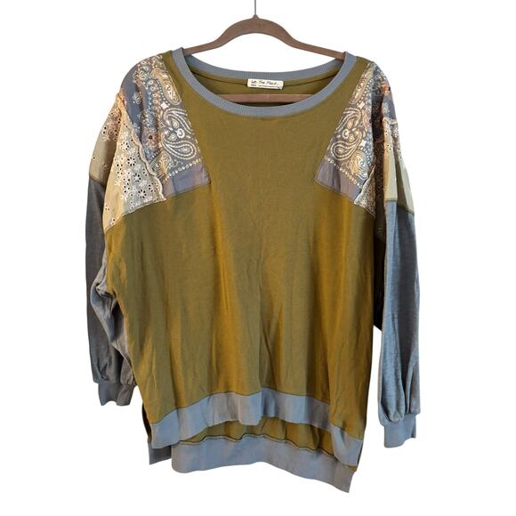 FREE PEOPLE Feelin it Colorblock Army Combo T-Shirt Size Medium Green Lace - Picture 1 of 7